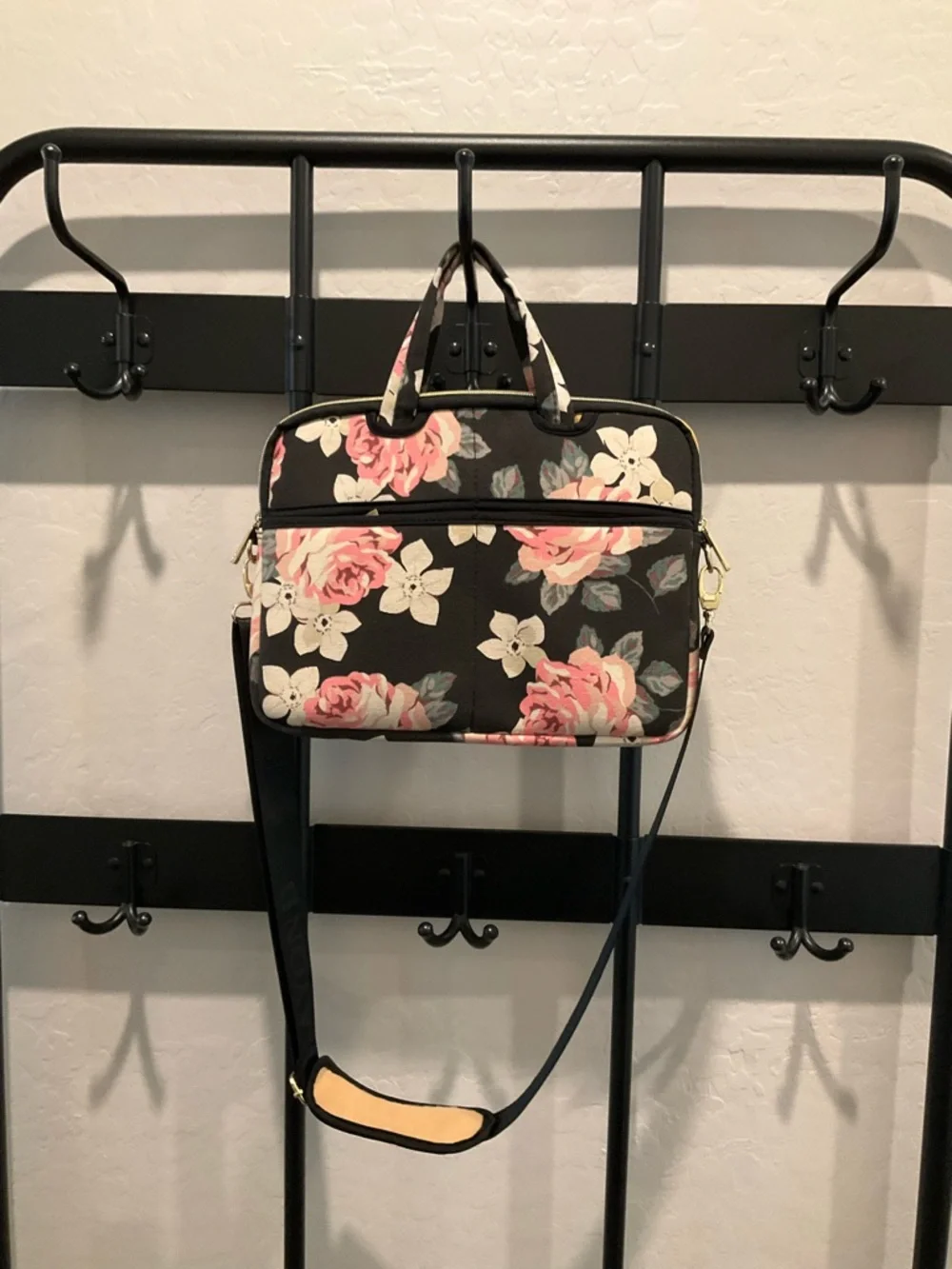 Floral Convertible Laptop Bag - Black with Pink Roses